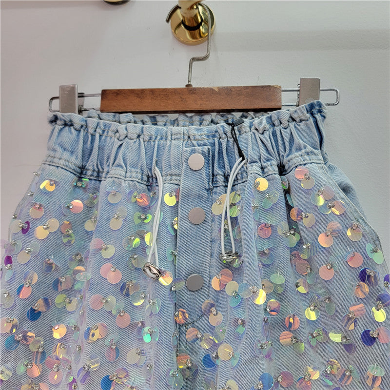 Summer new handmade beaded high waist slimming wide leg denim shorts for women