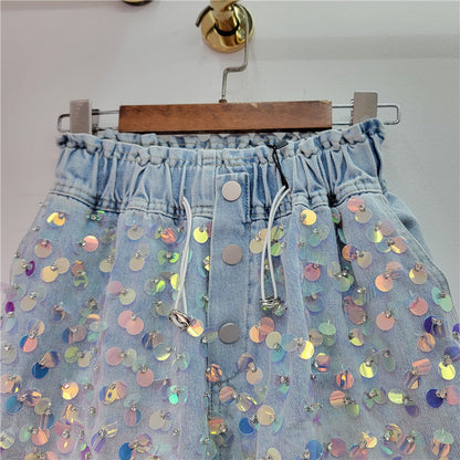 Summer new handmade beaded high waist slimming wide leg denim shorts for women