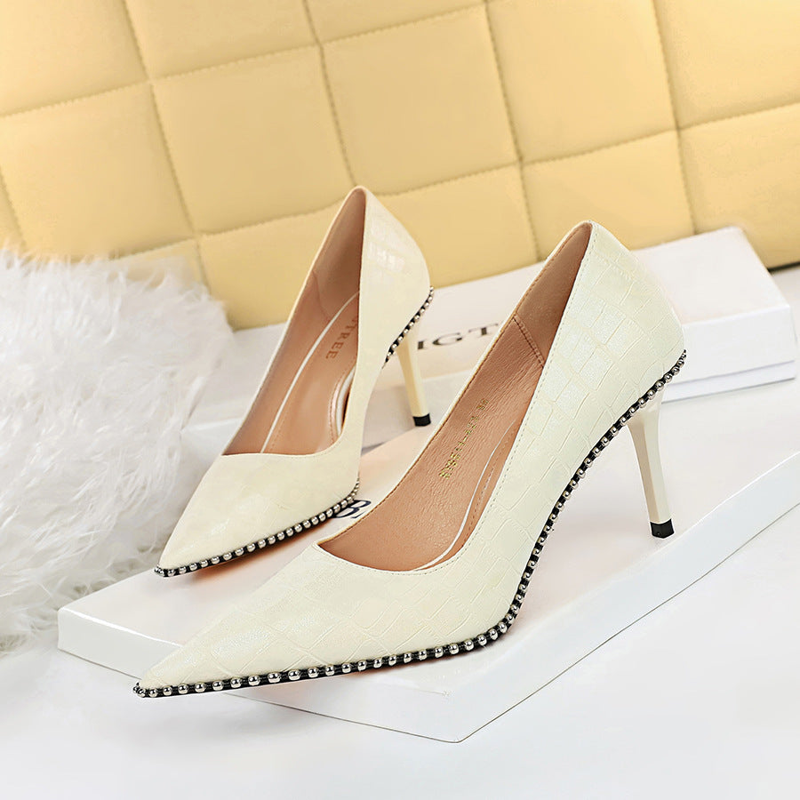 Vintage Stone Pattern High Heels Stiletto Shallow Mouth Pointed Metal Beads Rivets Women's Shoes