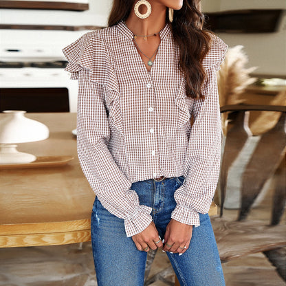 European and American women's spring and summer temperament commuting long sleeved ruffled edge shirt