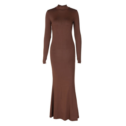 Solid Color High Neck Fitted Long Sleeve Bodycon Dress