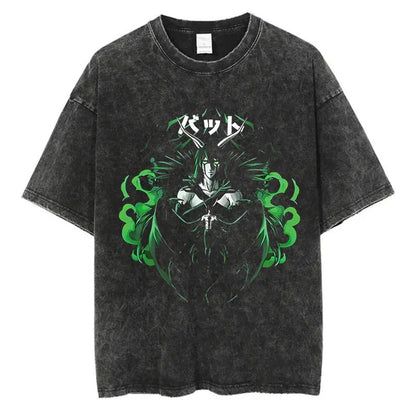 Anime Printed T-Shirt Summer Cotton Washed Vintage Short Sleeve
