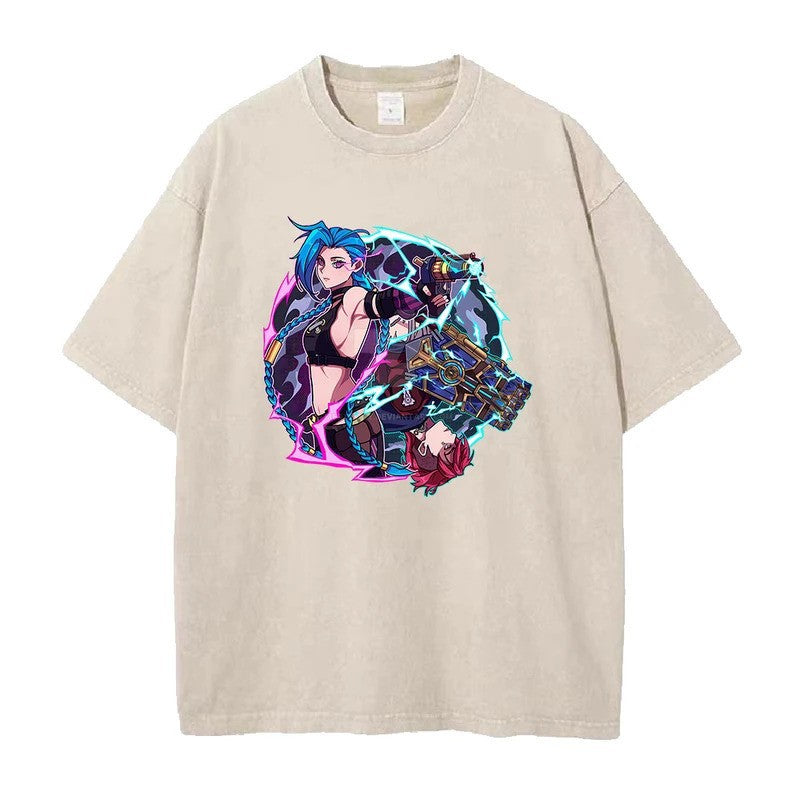 Summer New Anime League of Legends Pattern Printed T-Shirt Summer Cotton Washed Vintage Short Sleeve