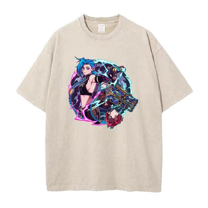 Summer New Anime League of Legends Pattern Printed T-Shirt Summer Cotton Washed Vintage Short Sleeve