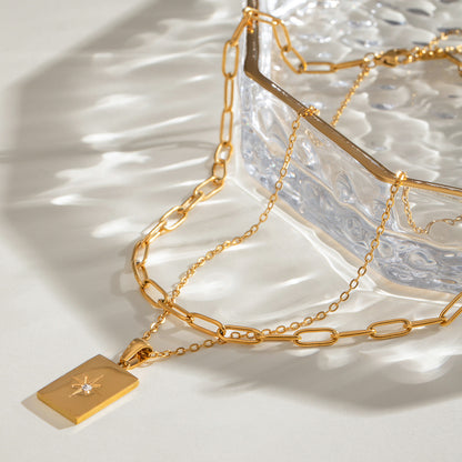 Stainless steel star square pendant double layered necklace
