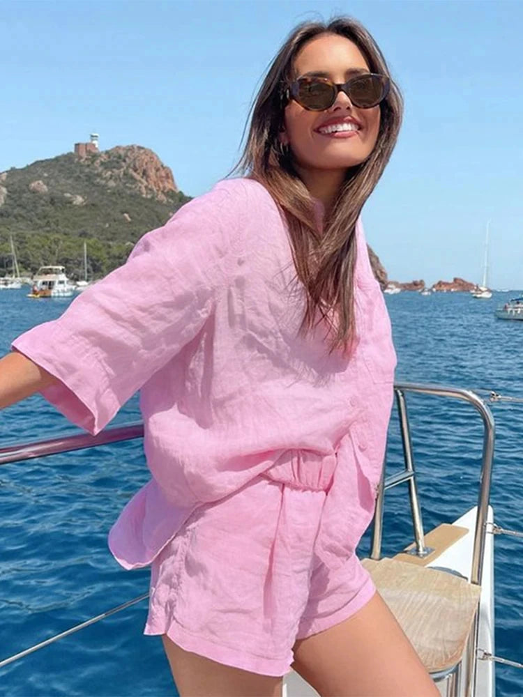 Fashion Cotton Linen Shorts Sets Women Summer Solid Single Breasted Lapel Blouse Wide Leg Elastic Waist Short Pant 2 Pieces Sets