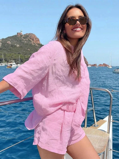 Fashion Cotton Linen Shorts Sets Women Summer Solid Single Breasted Lapel Blouse Wide Leg Elastic Waist Short Pant 2 Pieces Sets