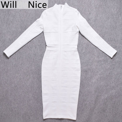 Women Bodycon Bandage Dress White Long Sleeve Hollow Out Club Dress Vestidos Celebrity Evening Party Midi Dress