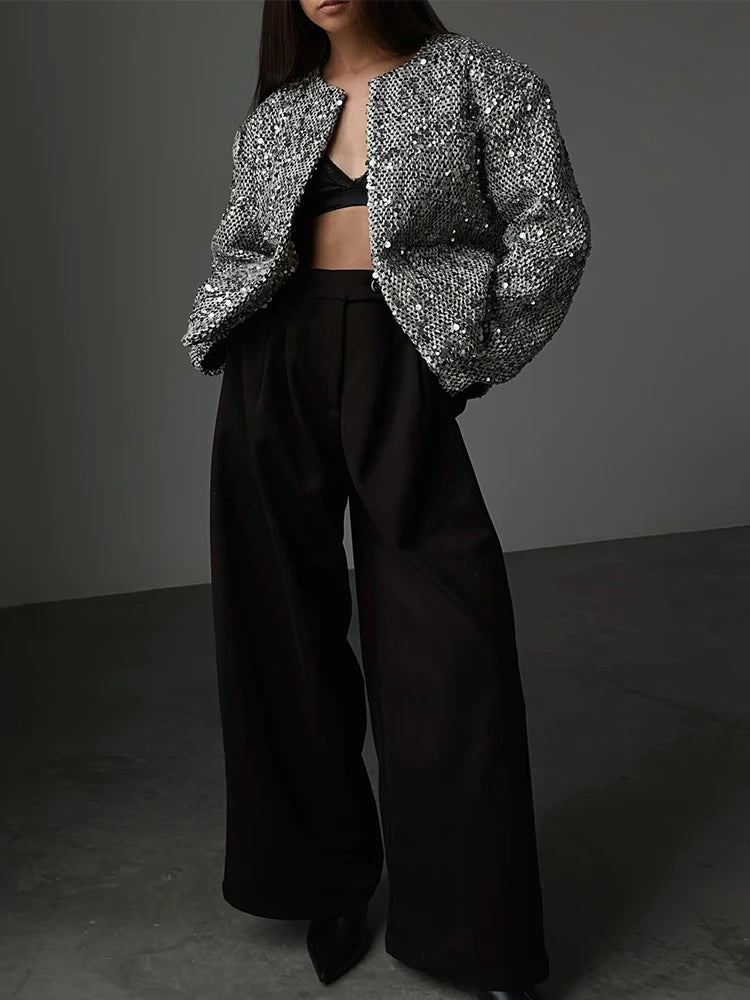 Elegante zilveren cropped jas met pailletten en chique ronde hals
