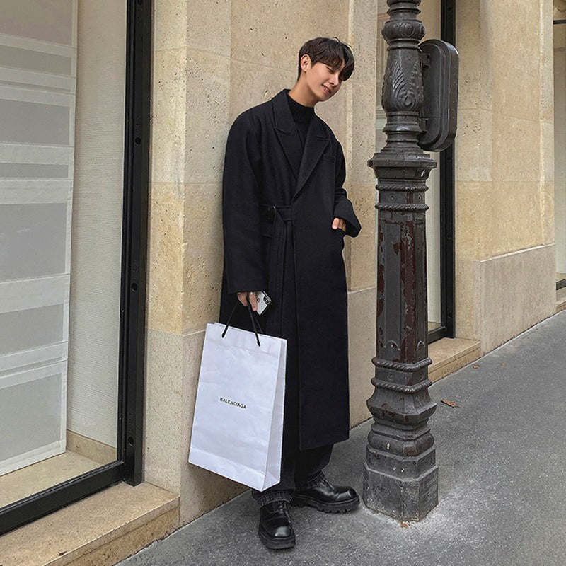 Trendy Korean version coat Trendy solid color minimalist medium length woolen coat Wide and thick coat