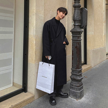 Trendy Korean version coat Trendy solid color minimalist medium length woolen coat Wide and thick coat