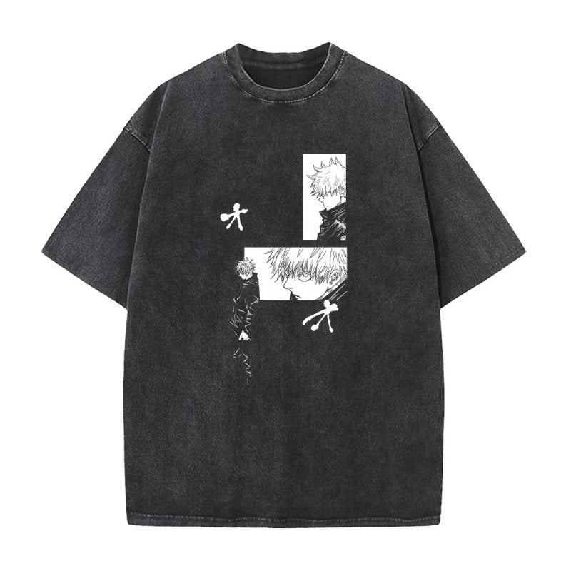 Summer AnimePrinted T-Shirt Cotton Washed Vintage Short Sleeve
