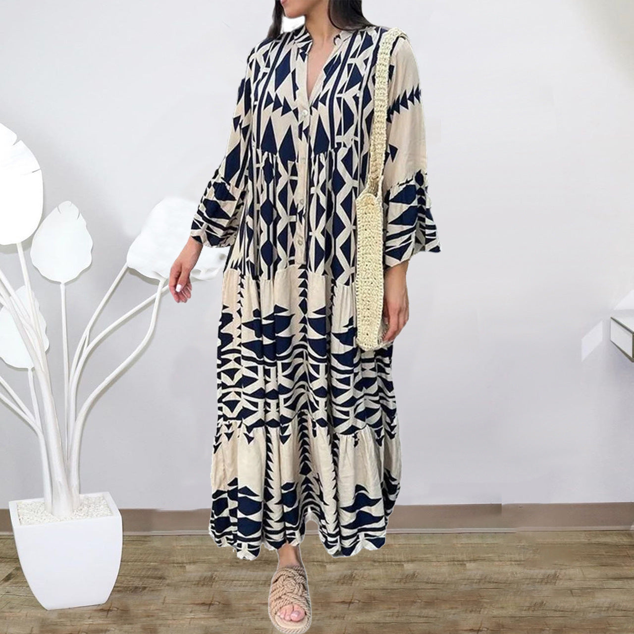 New temperament printed shirt dress Bohemian dress