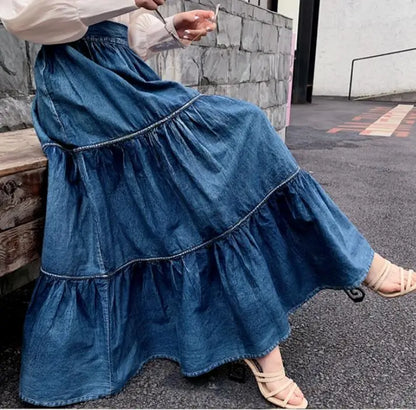 Summer Vintage smocked denim ball gown skirt women elastic waist stitching long cake skirt