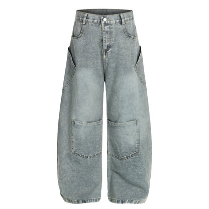 Patchwork Multi-pocket Mid-rise Trendy Knife-cut Jeans Pants