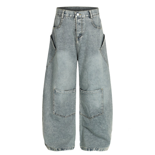 Patchwork jeansbroek met meerdere zakken middelhoge taille en losse fit