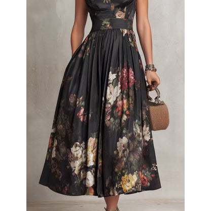Mouwloze zwarte midi-jurk met driedimensionale bloemenprint nauwsluitende pasvorm in Chinese stijl
