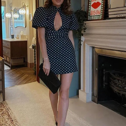 Elegant Polka Dot Dress with Stand Collar and Hollow Design for Women