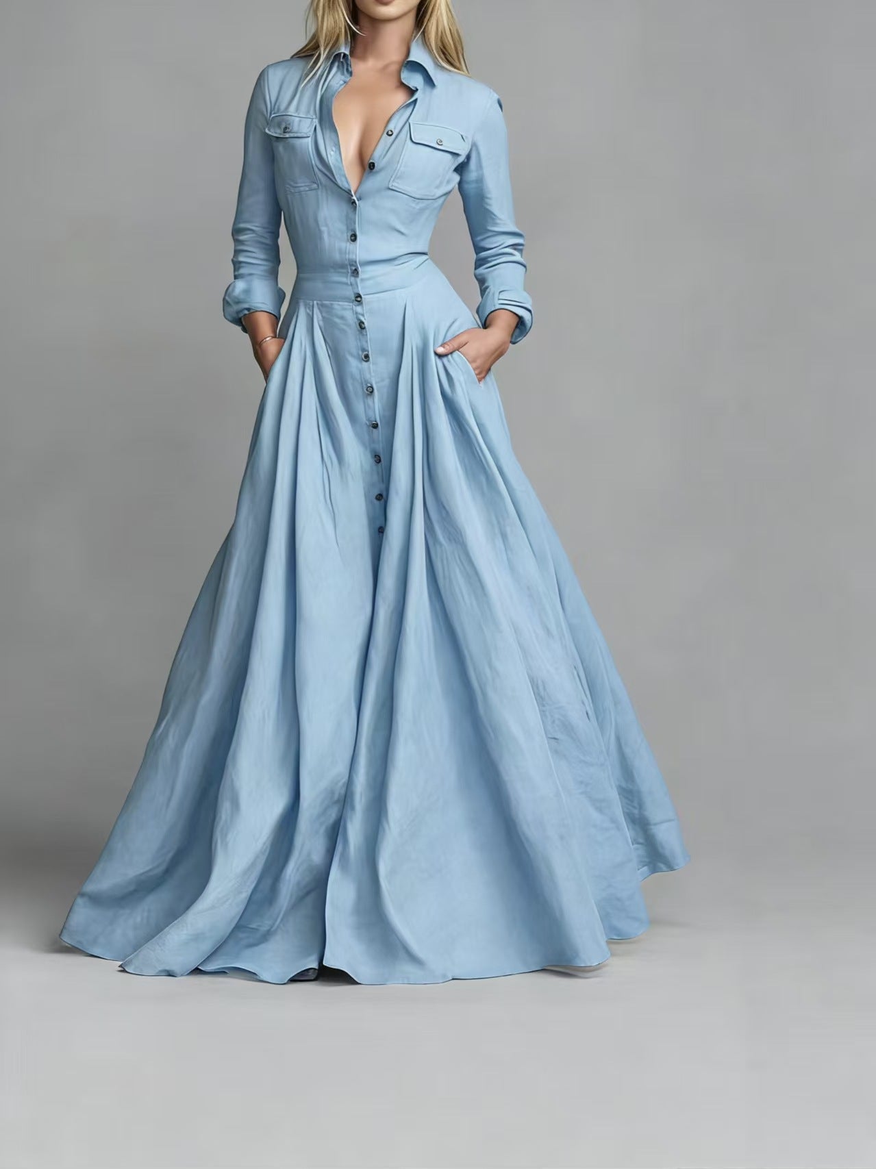Elegant High-Waisted Maxi Dress with Long Sleeves and Turn-Down Collar Flared Silhouette Casual Women's Dress