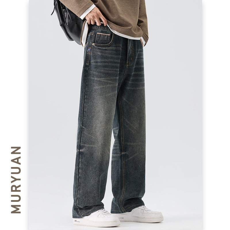 Blue Gray Denim Pants Men's Trendy Straight Leg Streetwear