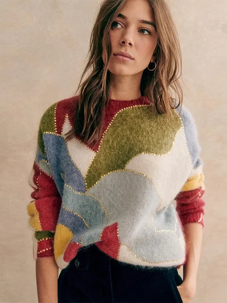 Colorful Patchwork Sequin Sweater for Women Fashion Loose Long Sleeve O-neck Lady Knit Pullovers Autumn Winter Female Jumpers