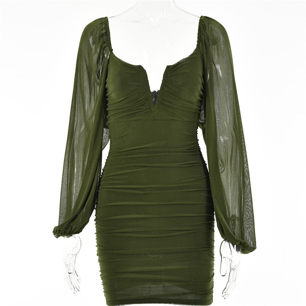 Temperament V-neck low-cut short skirt Summer hot sale new fashion lantern sleeve backless dress