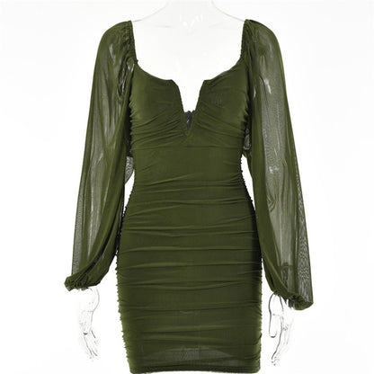 Temperament V-neck low-cut short skirt Summer hot sale new fashion lantern sleeve backless dress