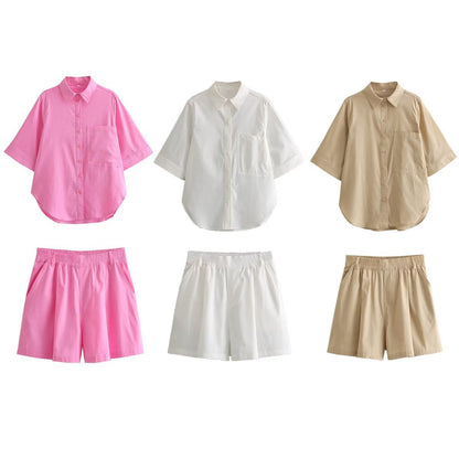 Women's Clothing Imitation Linen Blouse Top + Imitation Linen Loose Shorts Set