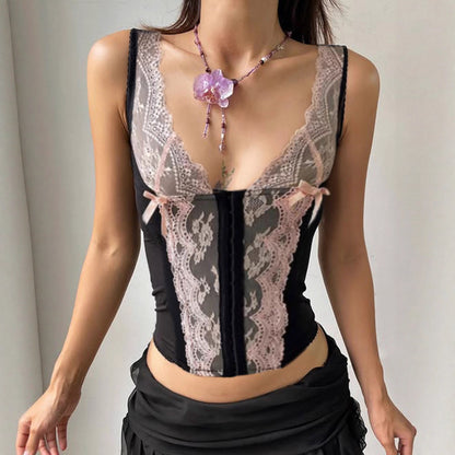 Sexy Women's Crop Top - Pure and Seductive Style Color Block Lace Fake Two-Piece V-Neck Strapless Bustier with Waist Cinching Design