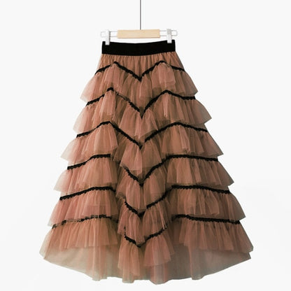 Summer Temperament Fluffy Cakee Tulle Maxi Long Skirt Multi-layered Irregular Fairy Anke Long Mesh Skirt