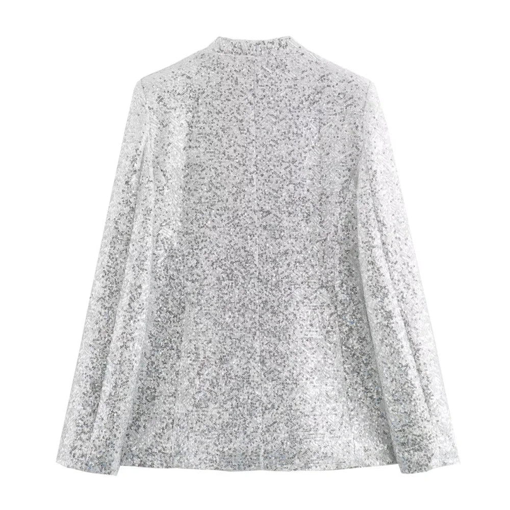 Summer New casual women's V-neck long sleeved sequined suit jacket casual high waisted shorts set