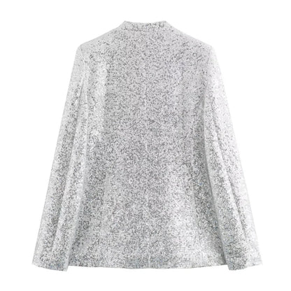 Summer New casual women's V-neck long sleeved sequined suit jacket casual high waisted shorts set