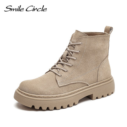 Smile Circle Ankle Boots Suede Leather women Flat platform Short Boots Ladies shoes fashion Autumn winter boots