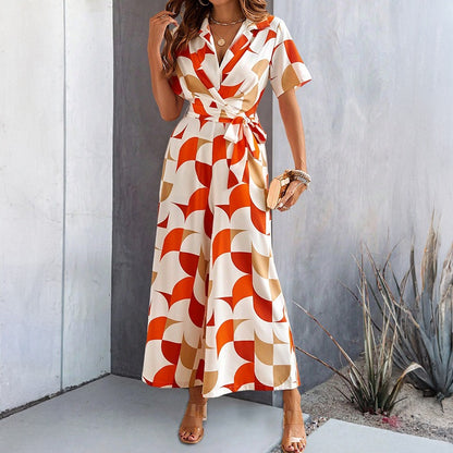 Spring and summer women's temperament short sleeved contrasting printed high waisted jumpsuit