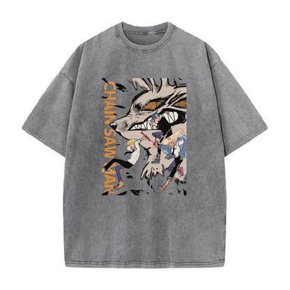 Summer New Anime Chainsaw Man Printed T-Shirt Summer Cotton Washed Vintage Short-Sleeved Top