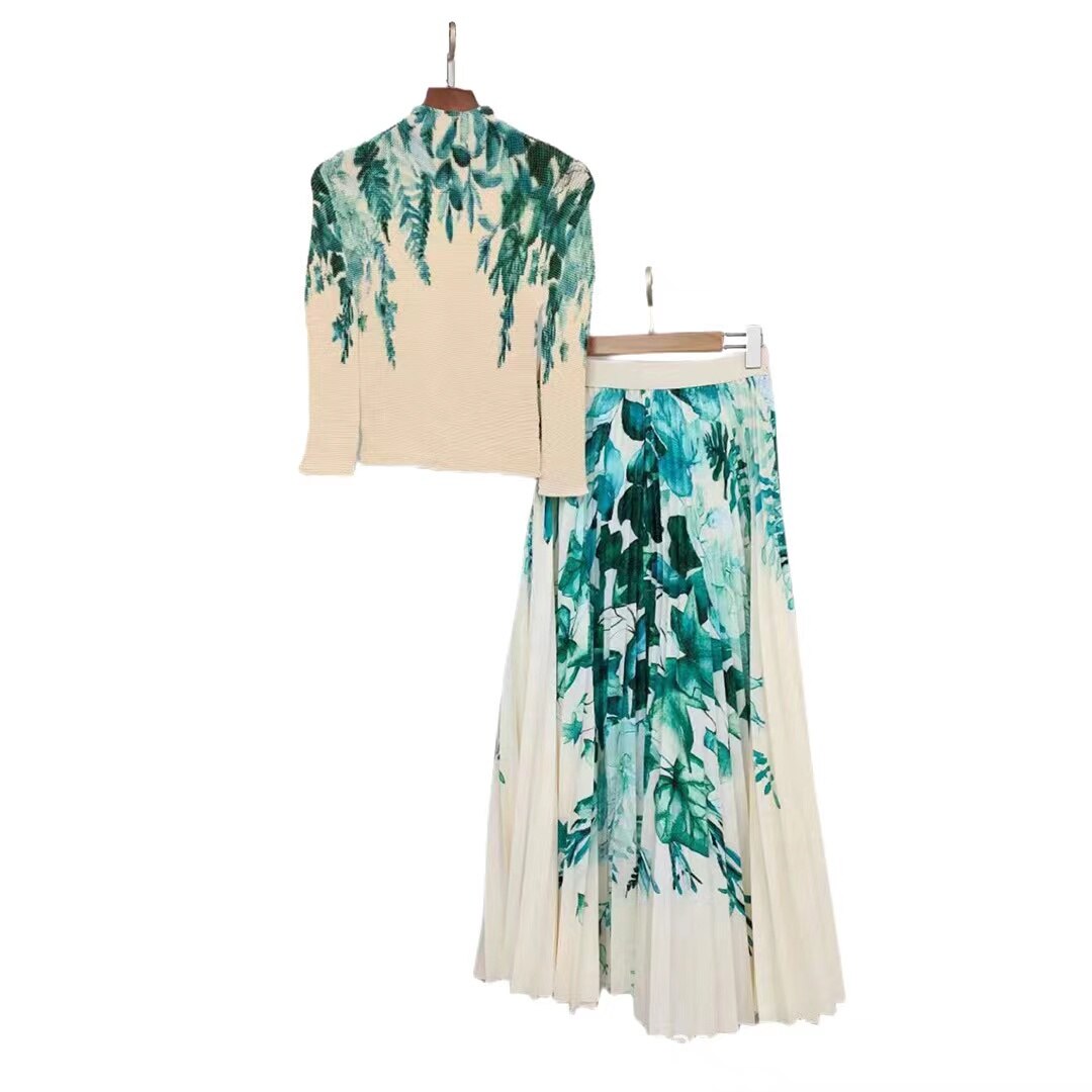 Europe Station Foreign Trade Large Size Women's Autumn New Pleated Top Printed Skirt Set