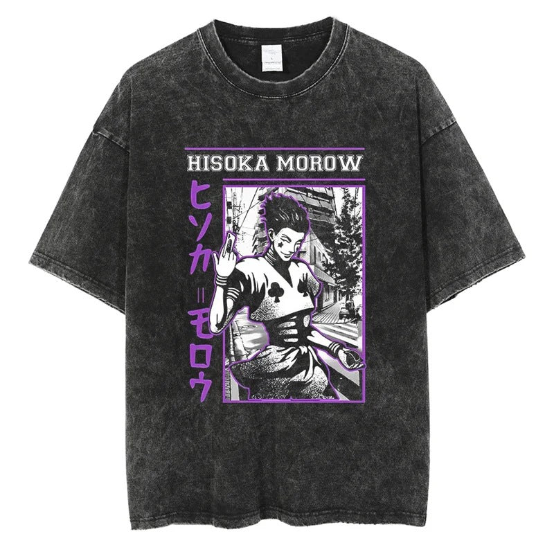 Summer New Fullmetal Alchemist Anime Print T-Shirt Summer Cotton Washed Vintage Distressed Short Sleeve Crew Neck