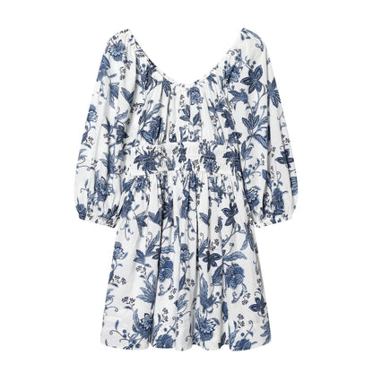 Flower V-neck flared skirt cotton skirt