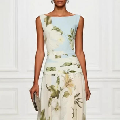 Mouwloze damesjurk met V-hals bloemenprint open rug en getailleerde lange rok