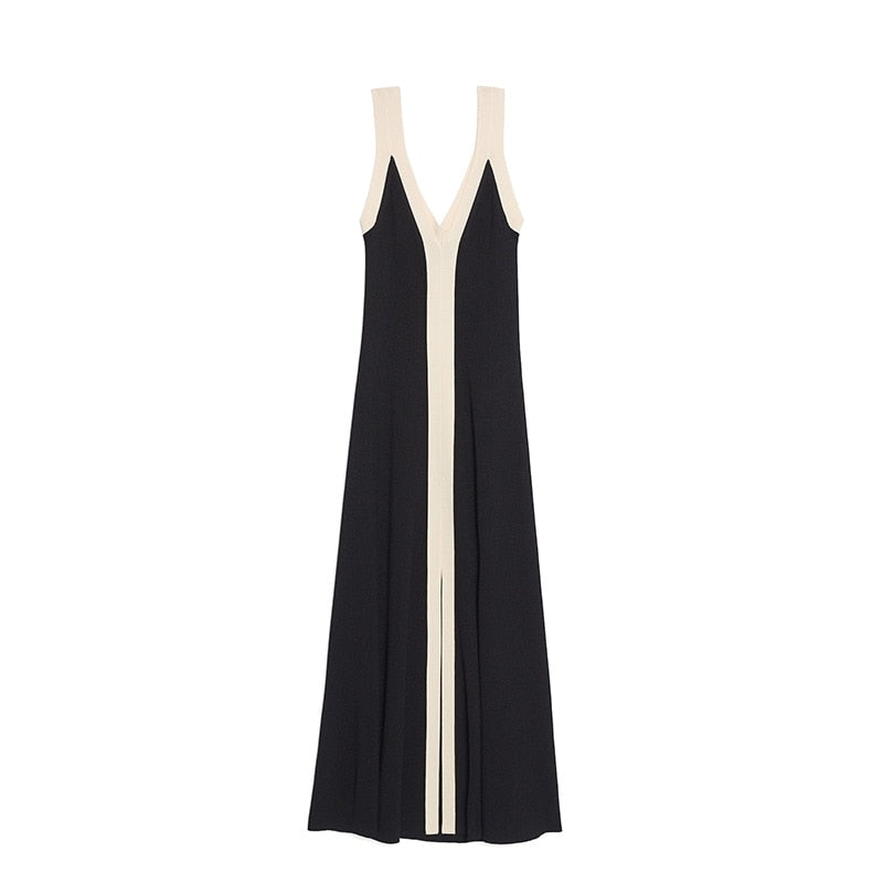 Spring Summer Retro V-neck Long Contrast Knitted Maxi Dresses for Women Luxury Sense Simplicity Korean Style