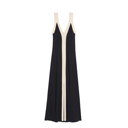 Spring Summer Retro V-neck Long Contrast Knitted Maxi Dresses for Women Luxury Sense Simplicity Korean Style