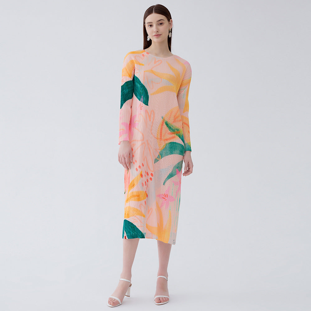 Women's spring and summer temperament waist printed floral pleated A-line long-sleeved dress