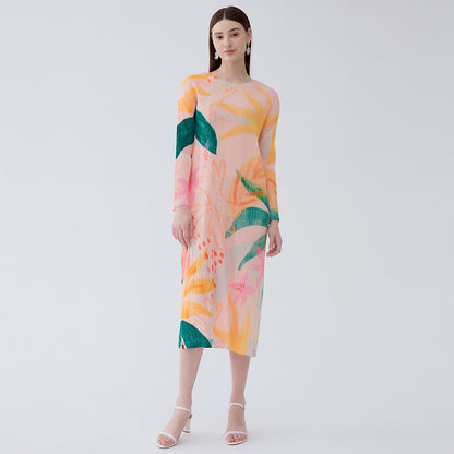 Women's spring and summer temperament waist printed floral pleated A-line long-sleeved dress