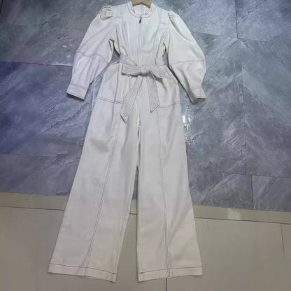 European and American vacation style lantern sleeves, long sleeves, zipper ties, wide leg jumpsuit, long pants