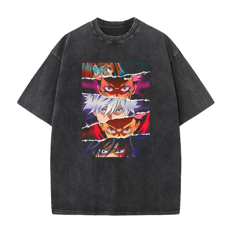 Summer AnimePrinted T-Shirt Cotton Washed Vintage Short Sleeve
