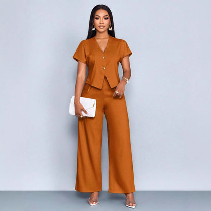 Summer Short Sleeve V-Neck Irregular Cardigan Straight Leg Wide Leg Pants Plus Size Casual Two-Piece Set