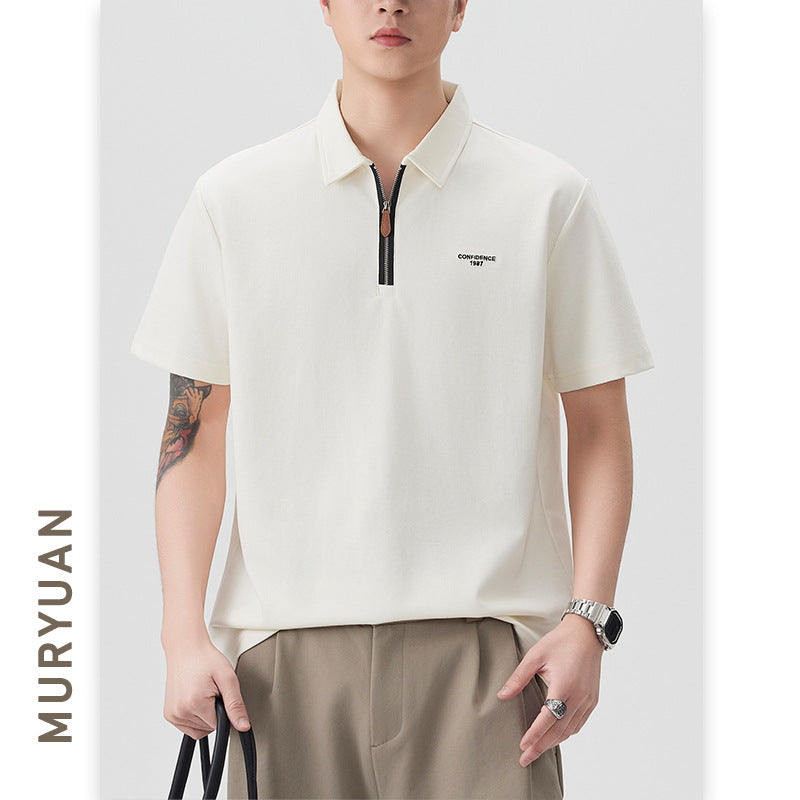 Men's Zipper Letter Embroidery Short Sleeve Polo Shirt