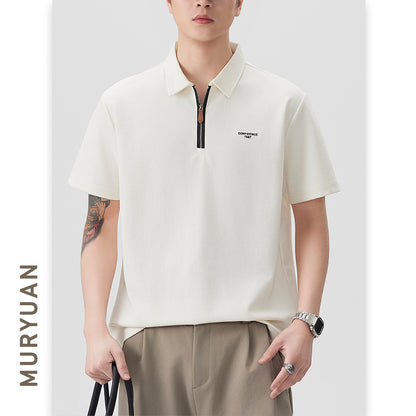 Men's Zipper Letter Embroidery Short Sleeve Polo Shirt