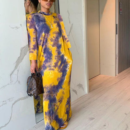 BAMBOOBOY Spring New Contrast Color Colorblock Long Sleeve Printed Loose Maxi Casual Dress ZL1206