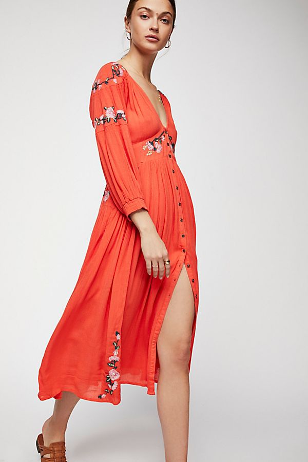 Women's Boho Dress Floral Embroidery Button Down Long Dress V-neck Summer Chic Dress Ethnic Split Robes Sweet Long Dresses